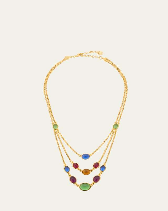 Gold Plated Chain Necklace with Multicolor Glass Stones, 17"L